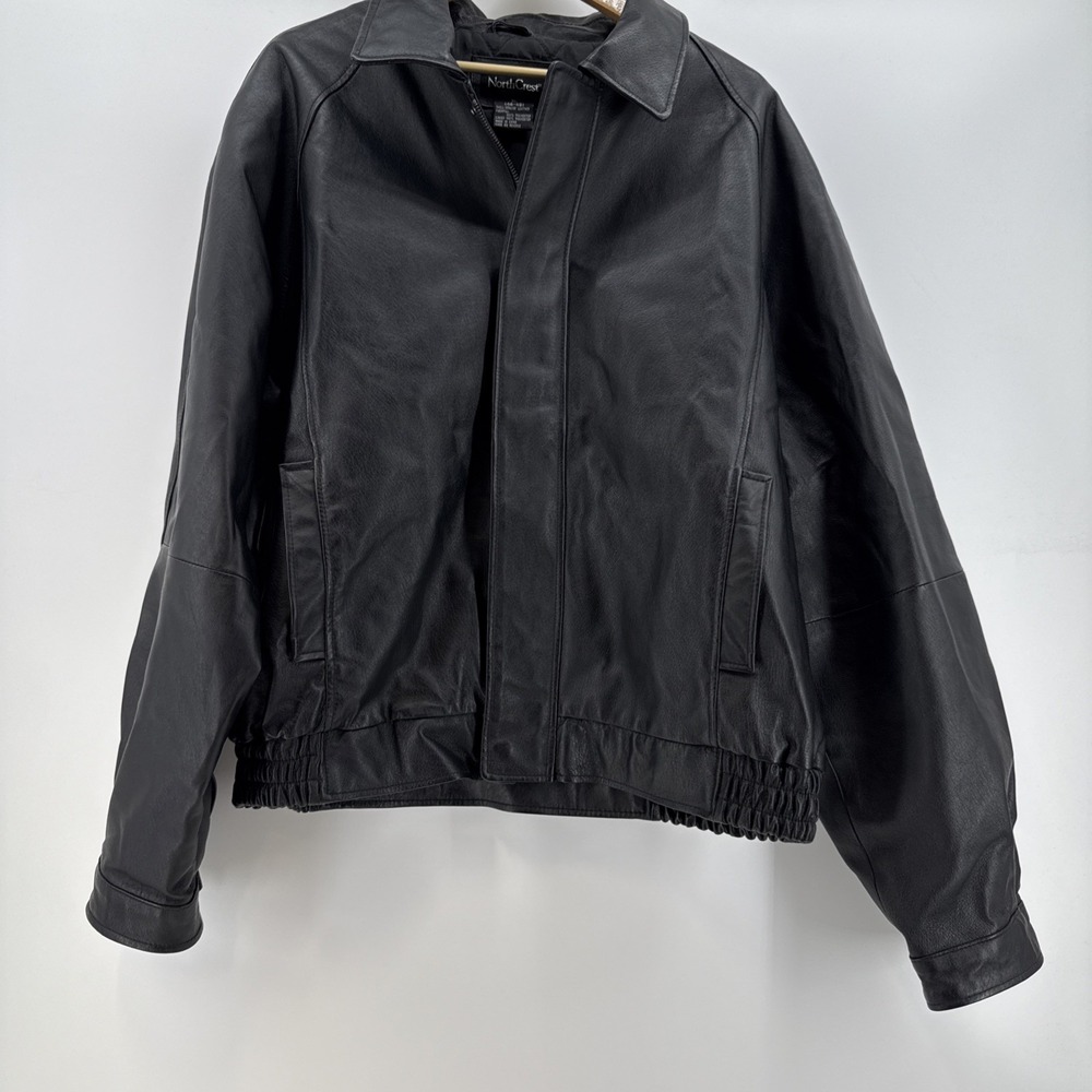 VINTAGE North Crest Jacket Mens XL Black Biker Genuine Leather‎ Bomber 90s